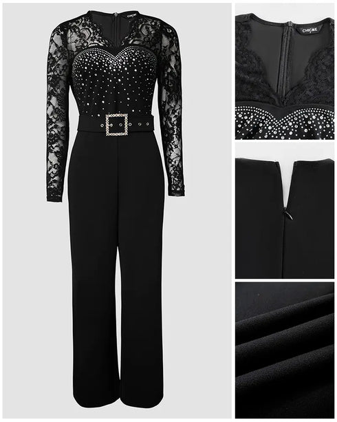 Off Shoulder Long Sleeve Eyelash Lace Spliced Slim Fit Overalls Casual Zipper Back Jumpsuit with Belt black