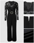 Off Shoulder Long Sleeve Eyelash Lace Spliced Slim Fit Overalls Casual Zipper Back Jumpsuit with Belt black