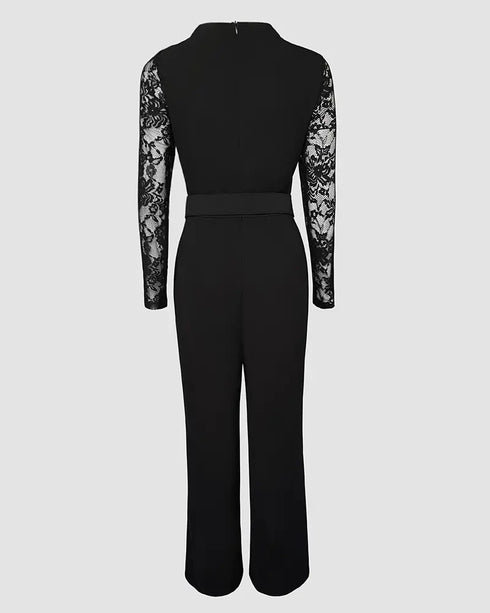 Off Shoulder Long Sleeve Eyelash Lace Spliced Slim Fit Overalls Casual Zipper Back Jumpsuit with Belt black