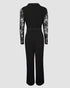 Off Shoulder Long Sleeve Eyelash Lace Spliced Slim Fit Overalls Casual Zipper Back Jumpsuit with Belt black