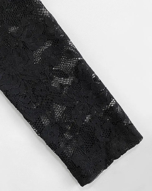 Off Shoulder Long Sleeve Eyelash Lace Spliced Slim Fit Overalls Casual Zipper Back Jumpsuit with Belt black