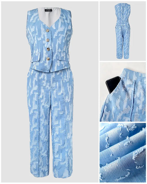 2 Pieces Outfit V Neck Button Front Flap Detail Vest Top and Casual Pockets Design Zipper Fly Elastic Back Waist Shorts Set blue