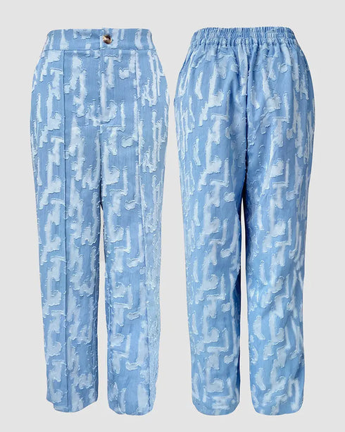 Denim Look Jacquard V-Neck Sleeveless Button Top and Casual Pants Set with Pocket blue