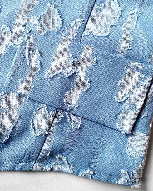 Denim Look Jacquard V-Neck Sleeveless Button Top and Casual Pants Set with Pocket blue