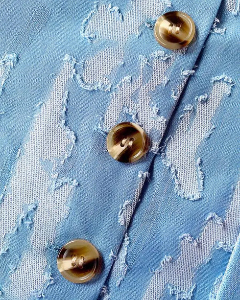 Denim Look Jacquard V-Neck Sleeveless Button Top and Casual Pants Set with Pocket blue