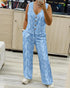 Denim Look Jacquard V-Neck Sleeveless Button Top and Casual Pants Set with Pocket blue