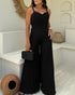 Pleated Design V Neck Adjustable Spaghetti Straps Cinched Waist Overalls Casual Pleated Flared Jumpsuit black