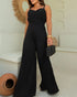 Pleated Design V Neck Adjustable Spaghetti Straps Cinched Waist Overalls Casual Pleated Flared Jumpsuit black