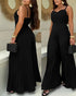 Pleated Design V Neck Adjustable Spaghetti Straps Cinched Waist Overalls Casual Pleated Flared Jumpsuit black