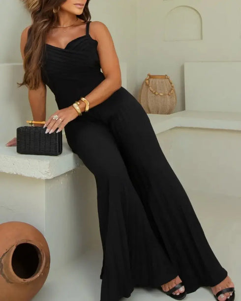 Pleated Design V Neck Adjustable Spaghetti Straps Cinched Waist Overalls Casual Pleated Flared Jumpsuit black