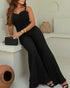 Pleated Design V Neck Adjustable Spaghetti Straps Cinched Waist Overalls Casual Pleated Flared Jumpsuit black