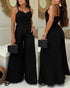 Pleated Design V Neck Adjustable Spaghetti Straps Cinched Waist Overalls Casual Pleated Flared Jumpsuit black
