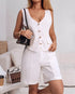 Denim Look Jacquard V-Neck Sleeveless Button Top and Casual Pants Set with Pocket white