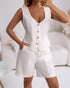 2 Pieces Outfit V Neck Button Front Flap Detail Vest Top and Casual Pockets Design Zipper Fly Elastic Back Waist Shorts Set white