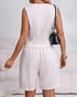 2 Pieces Outfit V Neck Button Front Flap Detail Vest Top and Casual Pockets Design Zipper Fly Elastic Back Waist Shorts Set white