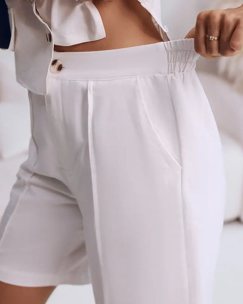 2 Pieces Outfit V Neck Button Front Flap Detail Vest Top and Casual Pockets Design Zipper Fly Elastic Back Waist Shorts Set white