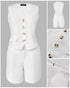 2 Pieces Outfit V Neck Button Front Flap Detail Vest Top and Casual Pockets Design Zipper Fly Elastic Back Waist Shorts Set white