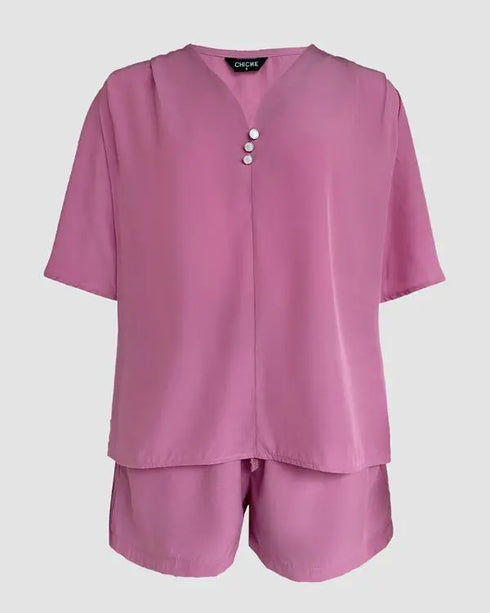 2 Pieces V Neck Button Decor Bell Sleeve Top and Casual Drawstring Stechy Waist Shorts Set pink
