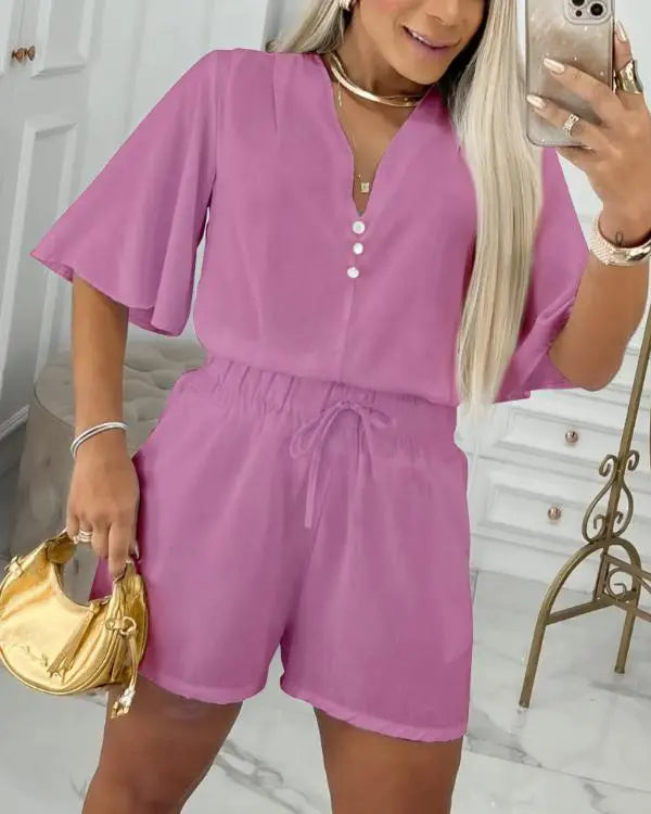2 Pieces V Neck Button Decor Bell Sleeve Top and Casual Drawstring Stechy Waist Shorts Set pink