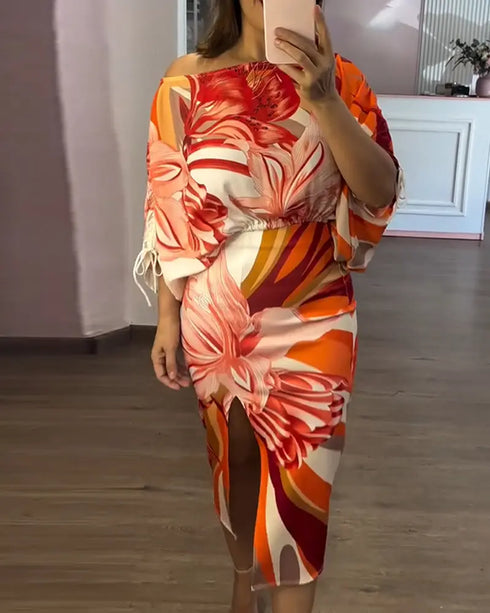 2 Pieces Outfit Floral Print Off Shoulder Side Drawstring Crop Top and Casual High Waist Bodycon Slit Skirt Set orange