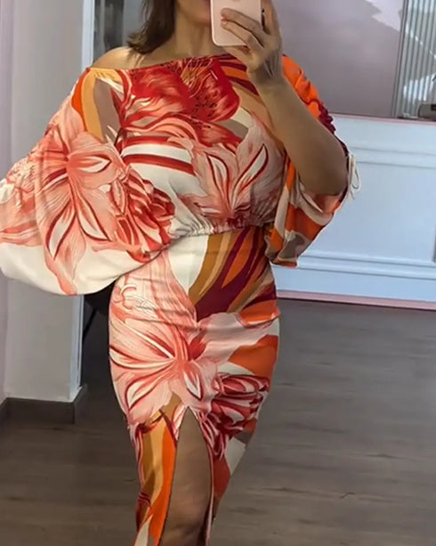 2 Pieces Outfit Floral Print Off Shoulder Side Drawstring Crop Top and Casual High Waist Bodycon Slit Skirt Set orange