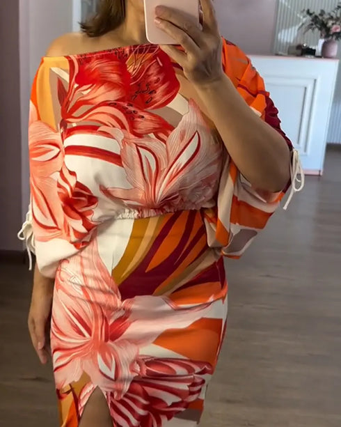 2 Pieces Outfit Floral Print Off Shoulder Side Drawstring Crop Top and Casual High Waist Bodycon Slit Skirt Set orange