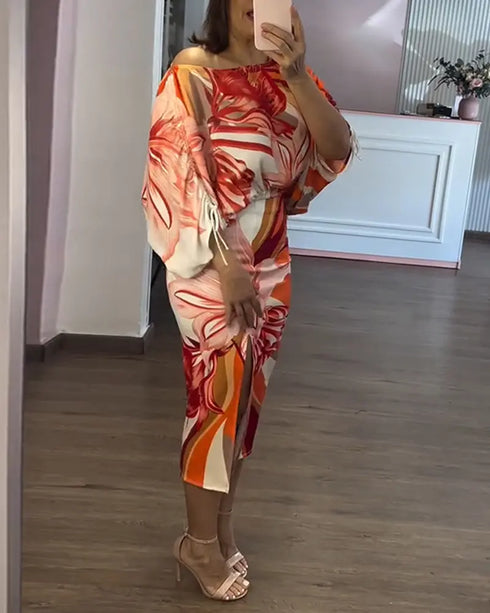 2 Pieces Outfit Floral Print Off Shoulder Side Drawstring Crop Top and Casual High Waist Bodycon Slit Skirt Set orange