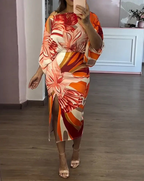 2 Pieces Outfit Floral Print Off Shoulder Side Drawstring Crop Top and Casual High Waist Bodycon Slit Skirt Set orange