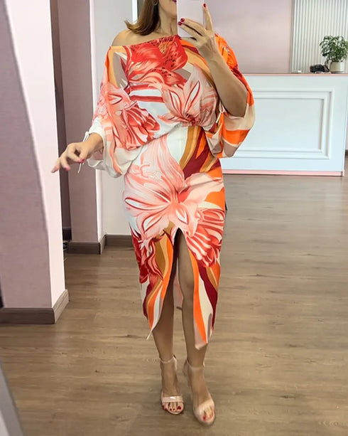 2 Pieces Outfit Floral Print Off Shoulder Side Drawstring Crop Top and Casual High Waist Bodycon Slit Skirt Set orange