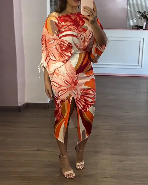 2 Pieces Outfit Floral Print Off Shoulder Side Drawstring Crop Top and Casual High Waist Bodycon Slit Skirt Set orange