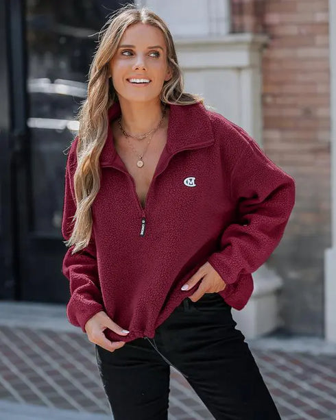 Stand Collar Zipper Design Casual Sweatshirt Wine red