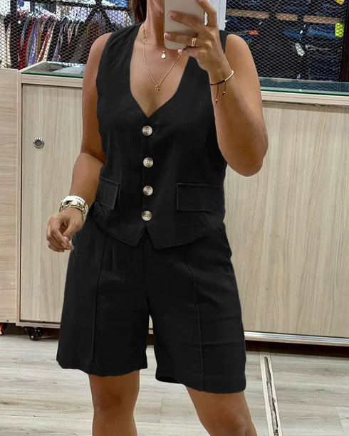 2 Pieces Outfit V Neck Button Front Flap Detail Vest Top and Casual Pockets Design Zipper Fly Elastic Back Waist Shorts Set black