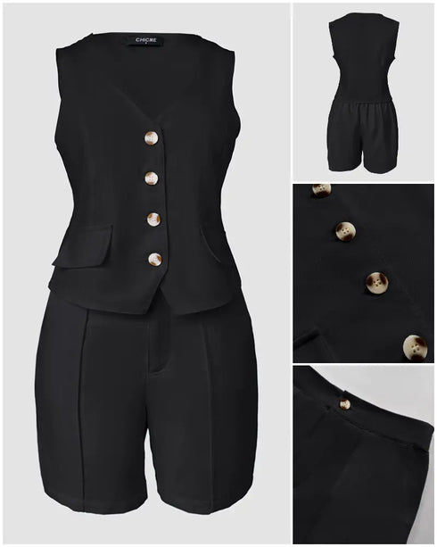Denim Look Jacquard V-Neck Sleeveless Button Top and Casual Pants Set with Pocket black