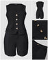 Denim Look Jacquard V-Neck Sleeveless Button Top and Casual Pants Set with Pocket black