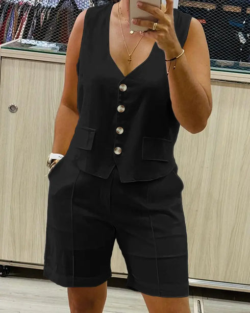 2 Pieces Outfit V Neck Button Front Flap Detail Vest Top and Casual Pockets Design Zipper Fly Elastic Back Waist Shorts Set black