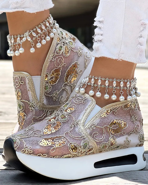 Casual Peep Toe Elastic Strap Slope Heel Sneaker gold