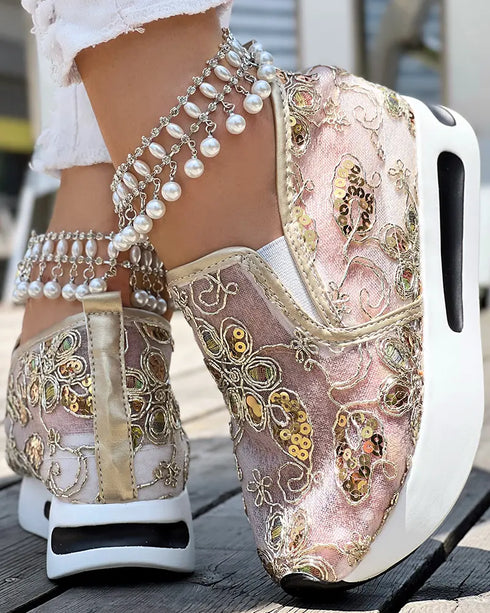 Casual Peep Toe Elastic Strap Slope Heel Sneaker gold