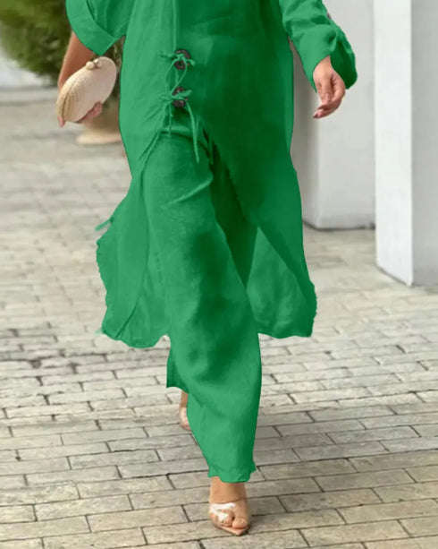 2 Pieces Outfit Button Decor One Shoulder Turn-Up Sleeves Slit Raw Edges Top and Casual Drawstring Elastic Waist Wide Leg Pants Set green
