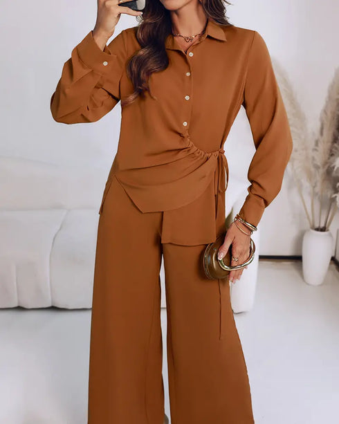 2 Pieces Outfit Turn-down Collar Button Front Drawstring Slit Asymmetrical Hem Top and Casual Elastic Back Waist Zipper Side Wide Leg Pants Set brown