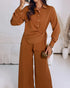 2 Pieces Outfit Turn-down Collar Button Front Drawstring Slit Asymmetrical Hem Top and Casual Elastic Back Waist Zipper Side Wide Leg Pants Set brown
