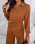 2 Pieces Outfit Turn-down Collar Button Front Drawstring Slit Asymmetrical Hem Top and Casual Elastic Back Waist Zipper Side Wide Leg Pants Set brown