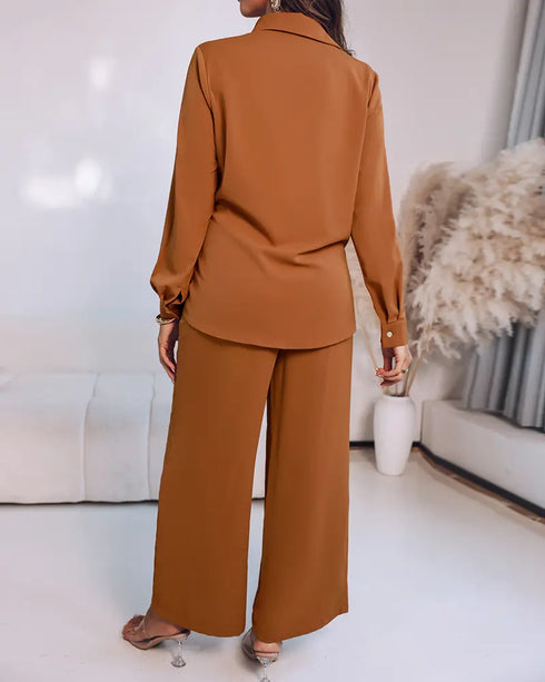 2 Pieces Outfit Turn-down Collar Button Front Drawstring Slit Asymmetrical Hem Top and Casual Elastic Back Waist Zipper Side Wide Leg Pants Set brown