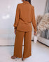 2 Pieces Outfit Turn-down Collar Button Front Drawstring Slit Asymmetrical Hem Top and Casual Elastic Back Waist Zipper Side Wide Leg Pants Set brown