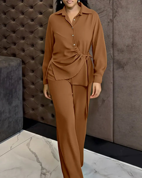 2 Pieces Outfit Turn-down Collar Button Front Drawstring Slit Asymmetrical Hem Top and Casual Elastic Back Waist Zipper Side Wide Leg Pants Set brown