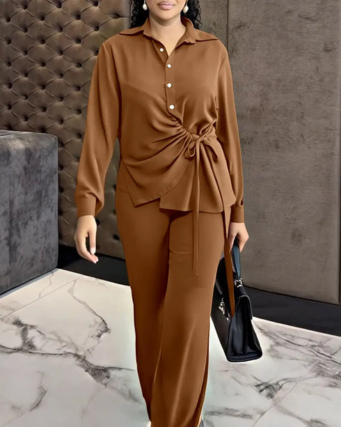 2 Pieces Outfit Turn-down Collar Button Front Drawstring Slit Asymmetrical Hem Top and Casual Elastic Back Waist Zipper Side Wide Leg Pants Set brown