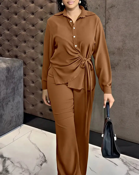 2 Pieces Outfit Turn-down Collar Button Front Drawstring Slit Asymmetrical Hem Top and Casual Elastic Back Waist Zipper Side Wide Leg Pants Set brown