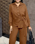2 Pieces Outfit Turn-down Collar Button Front Drawstring Slit Asymmetrical Hem Top and Casual Elastic Back Waist Zipper Side Wide Leg Pants Set brown