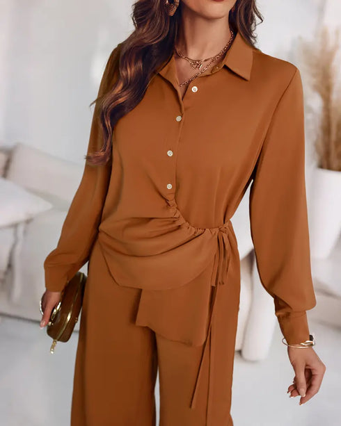 2 Pieces Outfit Turn-down Collar Button Front Drawstring Slit Asymmetrical Hem Top and Casual Elastic Back Waist Zipper Side Wide Leg Pants Set brown