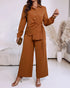 2 Pieces Outfit Turn-down Collar Button Front Drawstring Slit Asymmetrical Hem Top and Casual Elastic Back Waist Zipper Side Wide Leg Pants Set brown