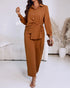 2 Pieces Outfit Turn-down Collar Button Front Drawstring Slit Asymmetrical Hem Top and Casual Elastic Back Waist Zipper Side Wide Leg Pants Set brown